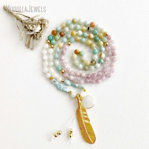 MN19917 Collar de 108 cuentas Mala con dije de pluma, de Kunzita y Amazonita, Joyería de Yoga y Meditación, Regalo para Mujeres - Product Image 2