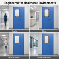 Porte de chambre d'hôpital en acier à grain de bois, battante, avec cadre noir et fenêtre de visualisation, pour usage en bloc opératoire, clinique ou salle de patient.