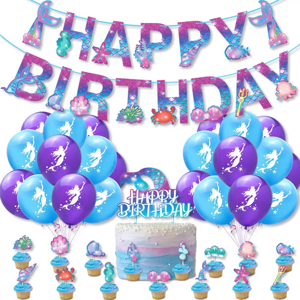 Mermaid party decoration balloon set Ocean theme birthday flag cake with card balloon decoration supplies