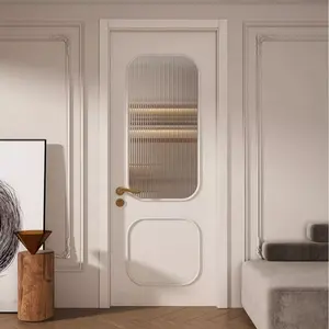 Custom Vintage Bedroom Solid <strong>Wood</strong> Painted Flat Doors <strong>Inlaid</strong> with Fluted Glass Interior Soundproof White French Style Doors - Product Image 1