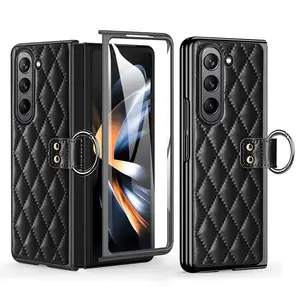 For Samsung Galaxy Z Fold5 5G Ring Kickstand Phone Case Shockproof PU Leather PC Tempered Glass Film Cover
