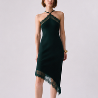 Gaun Midi Wanita Bahan Lembut Model Slip Tali Spageti Slim Fit Aksen Renda Asimetris Elegan untuk Acara Malam OEM Grosir