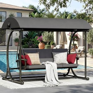 Modern Patio <strong>Swing</strong> with Adjustable Canopy, 2 in 1 Porch <strong>Swing</strong> Bed with Removable Cushion, Outdoor <strong>Swing</strong> <strong>Bench</strong> with Stand - Product Image 1