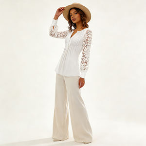 Blusa Casual de Oficina para Mujer, Elegante, con Mangas de Encaje Blanco, Talla Grande, Cuello en V, Corta, con Botones, Transpirable y Ligera - Product Image 3