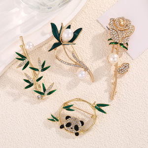 Cute Panda Brooch With Pearl Flower Zinc Alloy <b>Crystal</b> Rhinestone Women's Fashion Brooch Gift - Product Image 1