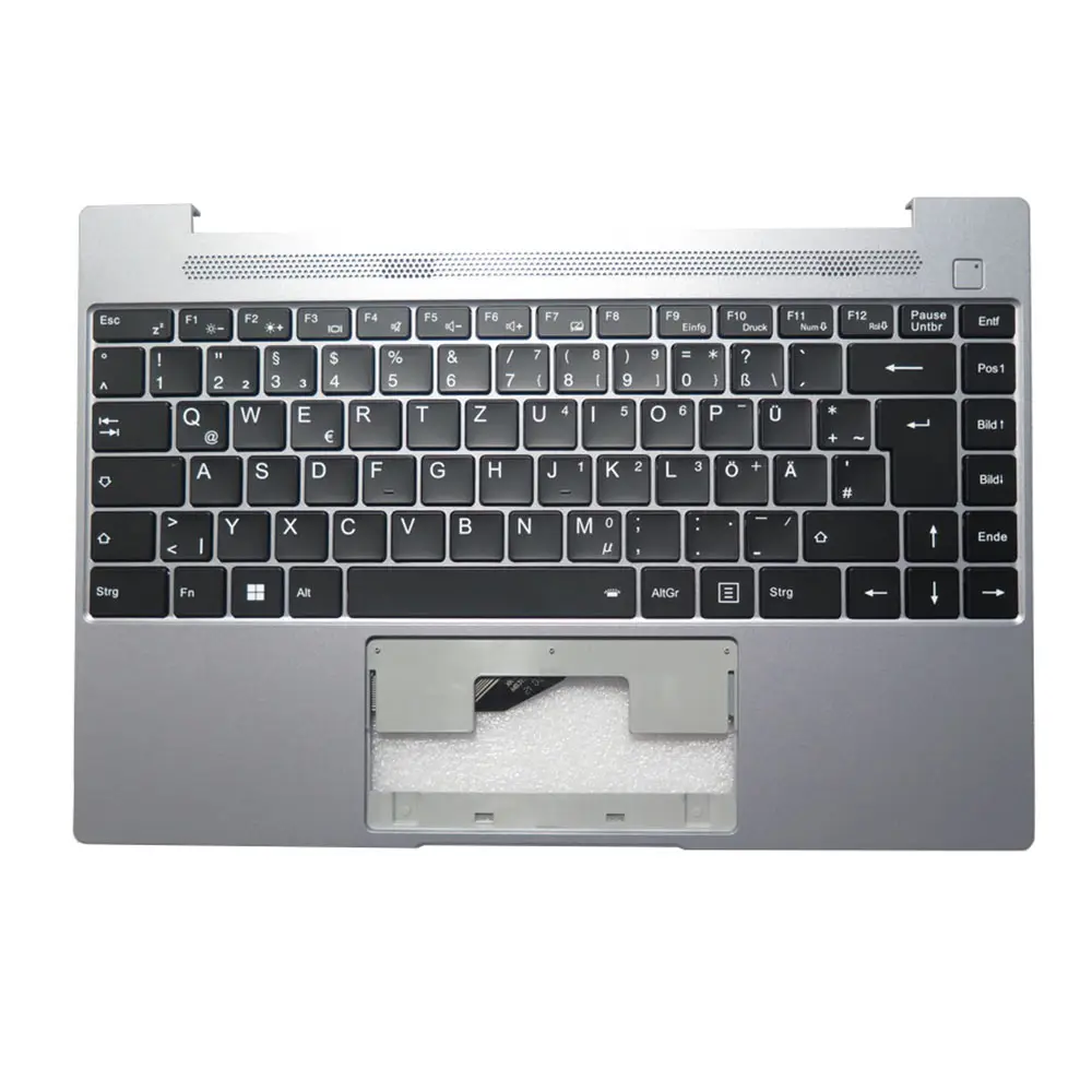 مسند اليد ولوحة مفاتيح الكمبيوتر المحمول MEDION AKOYA E14307 MD61962 MD62062 MD61974 غلاف علوي رمادي مع لوحة مفاتيح ألمانية باللون الأسود بإضاءة خلفية