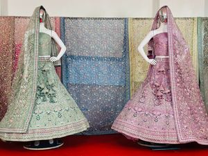 Luxurious Indian Wedding Ensemble for Adults <b>Net</b> Bridal Dress With Full Zarkan Stones & Diamonds Heavy <b>Dupatta</b> Big Flair Design - Product Image 4