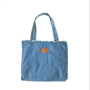 Women Trend 2023 Korean Style Student Durable Denim Tote Handbag Custom Washed Jeans Hobo Shoulder Shopping Bag