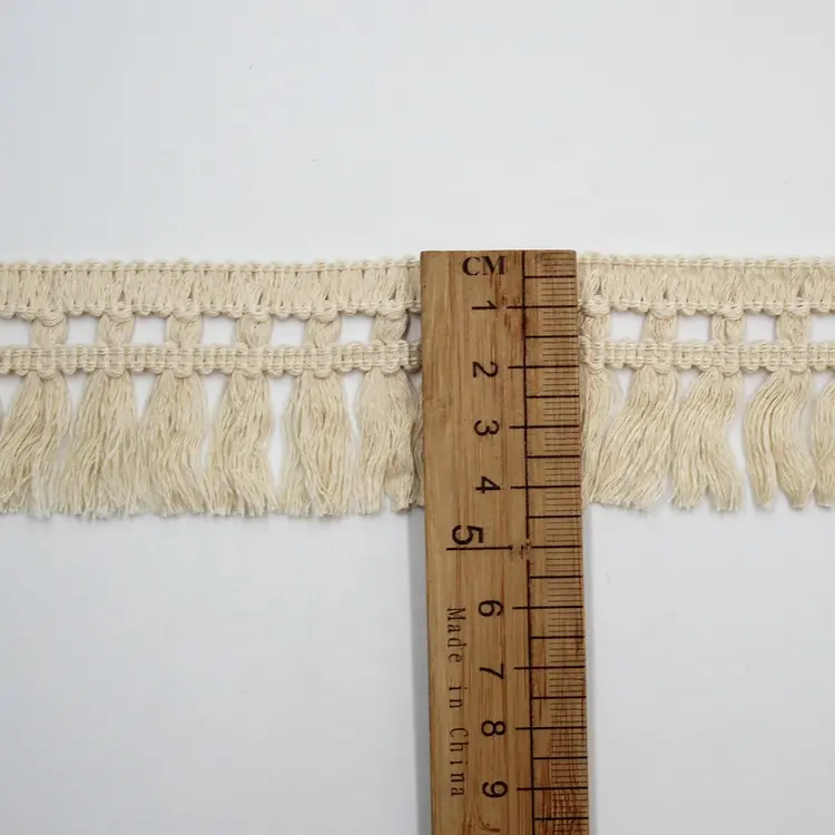 Wholesale 45mm Natural Beige Polyester Cotton Knotted Tassel Fringe Trim for Garment and Home Textile
