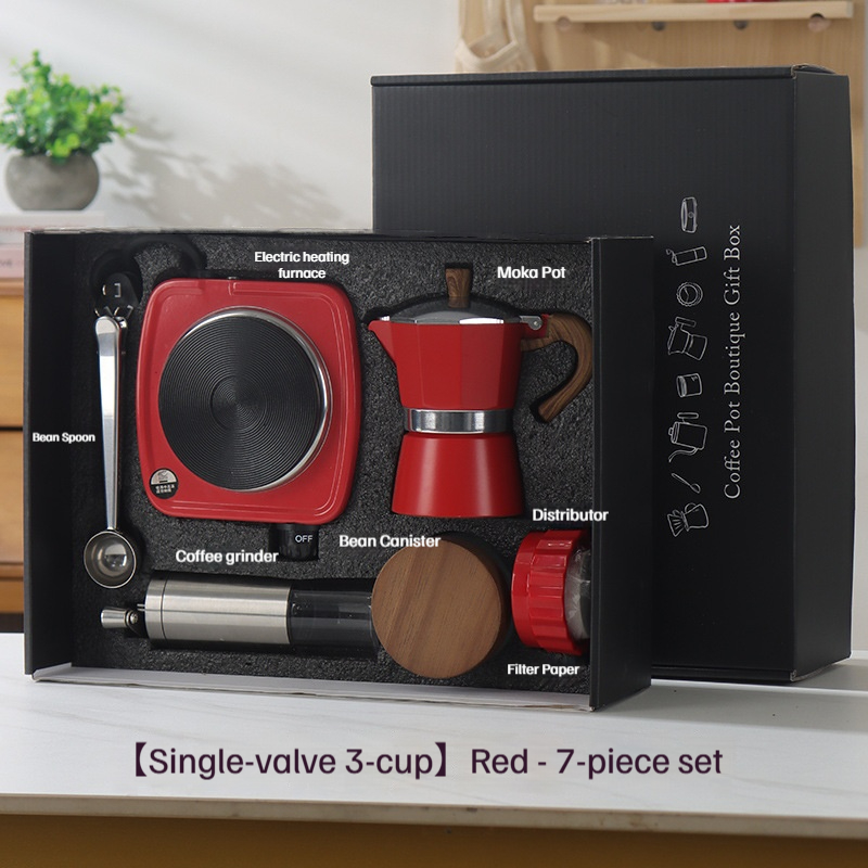 Coffret cadeau volant-pot à moka ensemble 7 pièces-boîte noire-pot rouge
