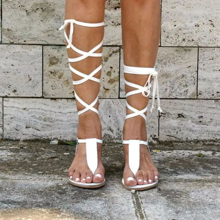 Wholesale Women Summer Plus Size Lace Up Roman Gladiator T Strap Thong Flat Sandals