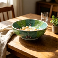 Grand bol de service en céramique artisanale, motif floral vif en feuilles de bananier, parfait pour centre de table ou collection d'art