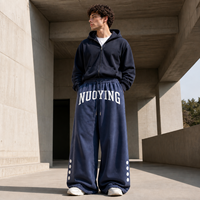 Celana Jogger Pria Navy Blue Washed Wide Leg dengan Kancing Samping, Logo Script Grunge Y2K Streetwear, Grosir Celana Pria Custom