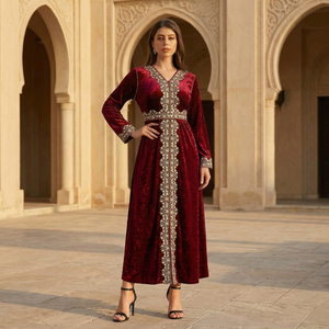 Velvet <b>Patchwork</b> Abaya Dress for Women Slim Waist Vintage Formal Evening Gown Supplier - Product Image 1