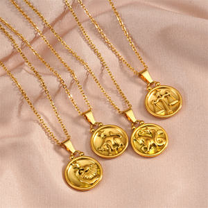 Colliers pendentifs en or plaqué 18 carats en gros, double face, relief, signe du <span class=keywords><strong>zodiaque</strong></span>, 12 constellations, pendentif rond - Product Image 1