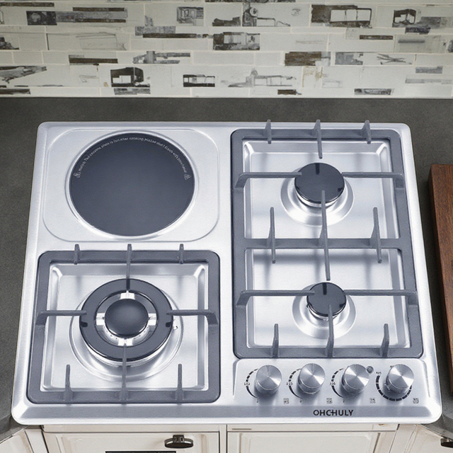 Industrial Kitchen Gas Stove with 3 Burners and 1 Induction Cooker Heavy Cast Iron Support Stainless Steel Surface for Hotels