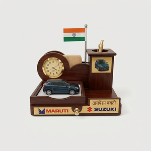 Organisateur de bureau en bois haut de gamme personnalisé avec horloge, porte-drapeau, porte-stylo, multi-compartiments, cadeau de bureau, impression de logo personnalisé, taille standard - Product Image 1