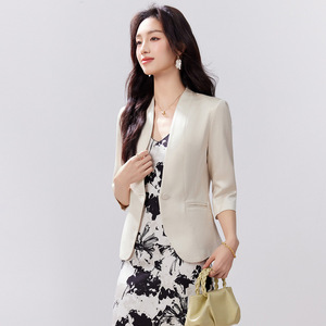 Women's Champagne Blazer Three Quarter Sleeve Slim Fit Solid Color Professional Suit Jacket Spring Summer 2026 - Product Image 4