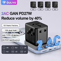 Adaptador de Viaje Universal OULIYO-F01-PQ27W GAN MINI con Puertos USB, Enchufe Multitipo Universal 2AC EU UK US AU