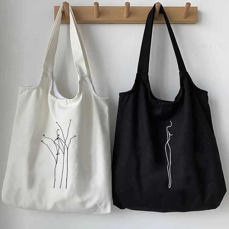 YASEN Women Black Casual Canvas Shoulder Bag Custom Printed Shopping Bag Cotton Cloth Lady Eco Reusable Large Tote Shopper Bags
