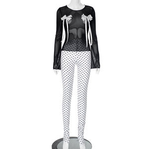 Sexy <strong>See</strong> <strong>Though</strong> Two Pieces Pants Set With Bow Long Sleeve Mesh Crop <strong>Top</strong> and Point Print Legging Pants - Product Image 5