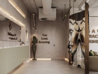 Service de design d'intérieur de salon de coiffure de luxe industriel moderne, système d'affichage de miroirs suspendus sur mesure et aménagement de boutique