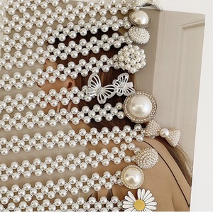 New White Pearl Bead Chain Elastic Rhinestone Belt Butterfly Buckle For Women Dress - Product Image 1