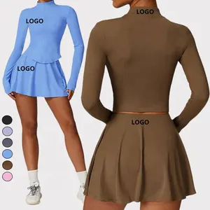 2024 Plain Elastic Lightweight Women Long Sleeve Jacket Shirts Sets Tracksuit Sexy Clubwear Golf Apparel 2 Pcs Tennis Skirt Sets
