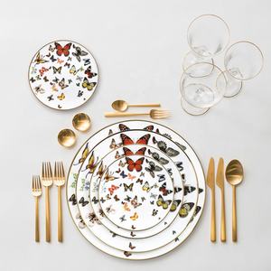 Vaisselle et assiettes motif céramique mode européenne luxe jardin papillon avec bord or mariage assiette ronde chaude - Product Image 2