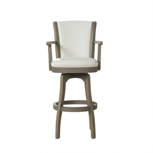 Tabouret de bar pivotant Williams, 31 pouces, structure en bois, siège en lin blanc, accoudoirs, design moderne, mobilier de bar pour la maison - Product Image 1
