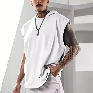 French 0.7 Cotton 0.3 Polyester Quality Best Short Embroidery Fabric <strong>Sleevless</strong> <strong>Hoodies</strong> with Custom Drawstrings Designs - Product Image 1