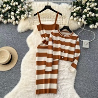 Robe pull décontractée d'été pour femme, coupe ajustée, boutonnée, à bretelles, tricotée, respirante, ensemble 2 pièces long, couleur kaki beige