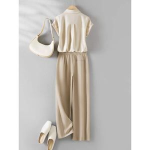 Women's Summer Short Sleeve Shirt Straight Leg <b>Pants</b> Satin Casual <b>Pants</b> 2 Piece Set Fashion - Product Image 2