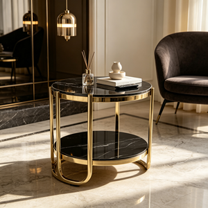 Table d'appoint ronde de luxe à 2 niveaux, plateau en pierre frittée noire, structure en métal doré, pour la maison, le salon, l'hôtel, table d'appoint de canapé - Product Image 4