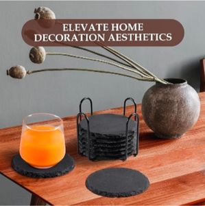 แผ่นรองแก้วหินชนวนแบบคลาสสิก ขนาด 4 นิ้ว ชุดแผ่นรองแก้วรักษ์โลก ปรับแต่งขนาดได้ ตกแต่งโต๊ะกาแฟ ป้องกันพื้นผิวโต๊ะ สำหรับใช้ในบ้าน - Product Image 6