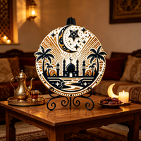 Décoration de maison Ramadan : Plaque ronde en résine avec croissant et étoile, scène mosquée et palmier en résine UV 3D en relief, ornement de bureau