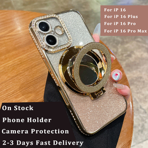 Electroplated grily trang điểm gương đứng kim cương Bumper Shinny long lanh ngón tay chủ Grip điện thoại di động Trường hợp đối với <span class=keywords><strong>iPhone</strong></span> 16 Pro 15 - Product Image 1
