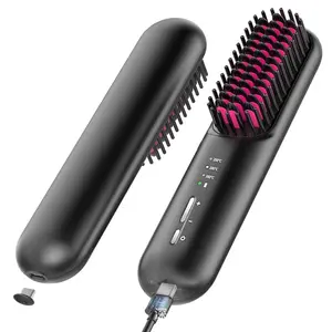 Portable Mini Negative Ion Hair Styler Easy-to-Carry Straightener & Curler with Bristle Brush Comb Home Travel Charged Battery