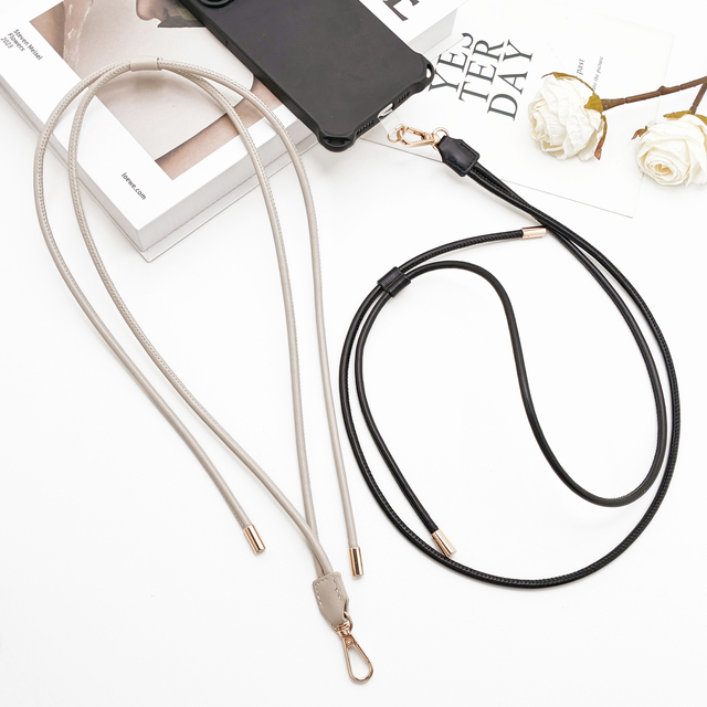 Stylish Black PU Leather Adjustable Phone Lanyard Gold Hardware Detachable Clip Portable Durable Universal Case Strap 140cm