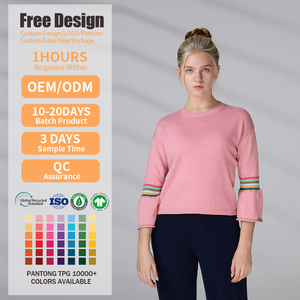 Pull en coton 100% à col rond avec logo personnalisé, fabricant de pulls à manches évasées rayées pour femmes - Product Image 2