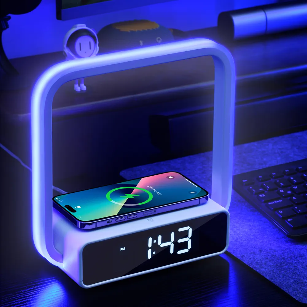 Decoração home toque escurecimento 7 cor rgb luz despertador inteligente snooze levou mesa noite carregador sem fio lâmpada de cabeceira