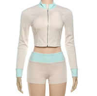 Nouvel ensemble décontracté automne transfrontalier : survêtement sport à manches longues, patchwork, couleur contrastante, fermeture éclair, col montant, 2 pièces avec short