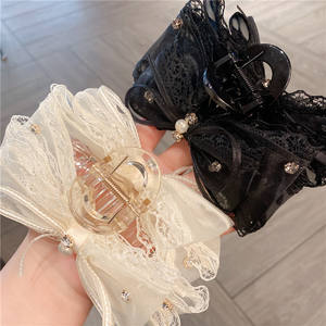 Pince à cheveux en dentelle française avec nœud, grande pince requin en tissu pour femmes, accessoires de coiffure de mariée - Product Image 5