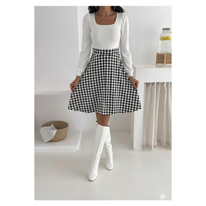 Women's White Square Neck Long Sleeve Flared <b>Dress</b> With Houndstooth Skirt Casual Style - Product Image 3