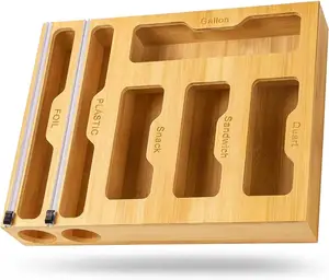 Küche Holz schublade Organizer Bambus Lebensmittel Aufbewahrung tasche Druck verschluss Plastikfolie Wrap Dispenser