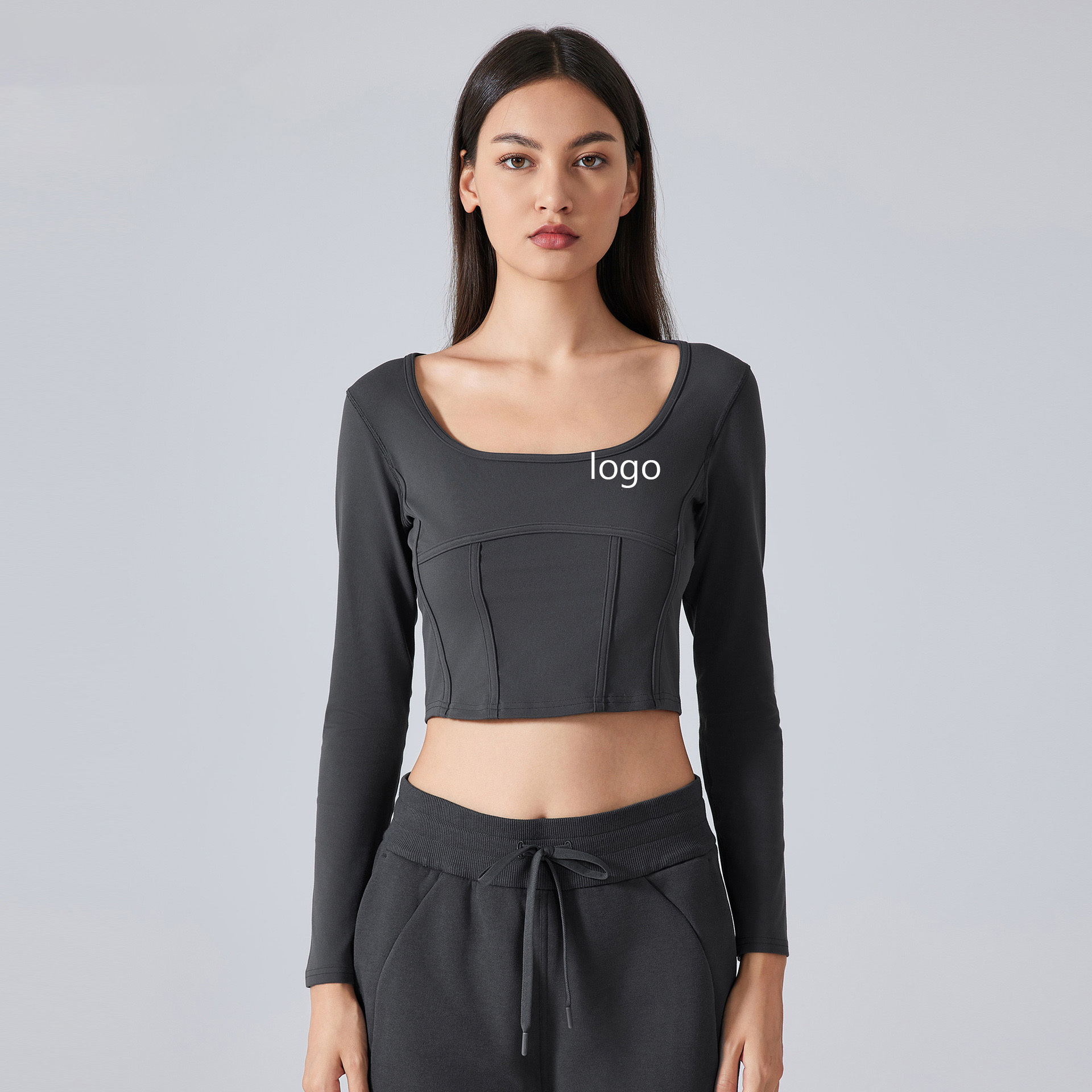 Women's Quick-Drying Long-Sleeved Yoga Top with Elastic Square Neck Customizable Logo Breathable Nude Fitness Shirt-Wholesale