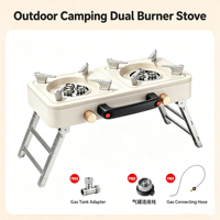 Réchaud à gaz portable d'extérieur à 2 brûleurs, cuisinière de camping en acier inoxydable, poignée pliable, réchaud au butane pour les voyages et la randonnée