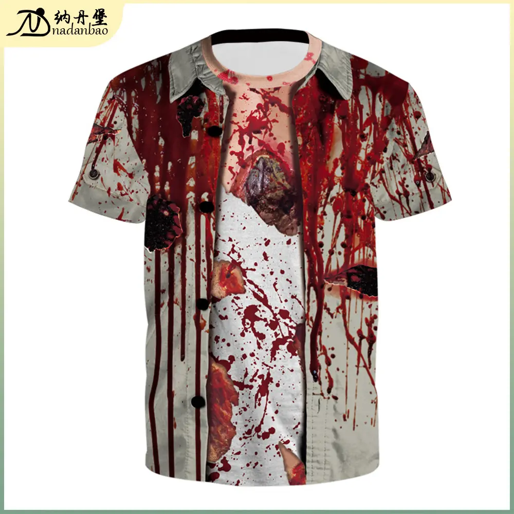 Summer New Men's Bloody Horror Printed T-shirt Short Sleeve round Neck Top Halloween Party Unexamined Performance Wear