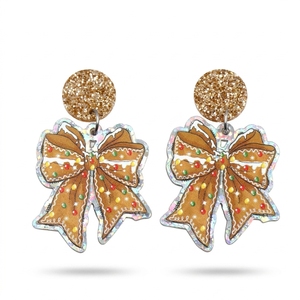 Boucles d'oreilles pendantes en acrylique découpé au laser, motif nœud de pain d'épices de Noël, avec paillettes dorées, bijoux festifs de vacances, vente en gros en vrac - Product Image 1