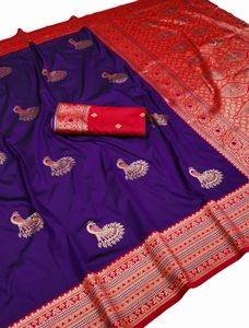 Exclusive Silk Saree with <b>Blouse</b> Piece Purple Silk Saree With Peacock Embroidery <b>Red</b> Border For Wedding Wear - Product Image 4